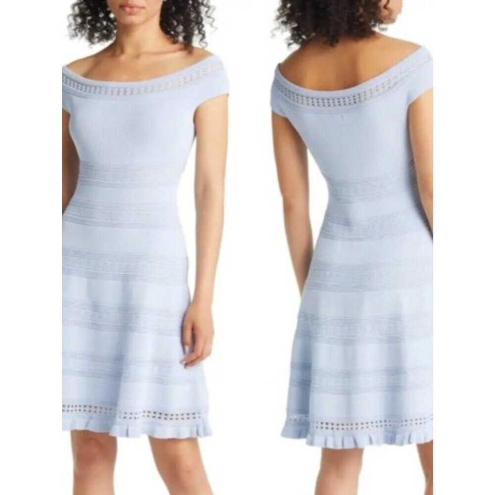 Eliza J Off Shoulder Baby Blue Knit Fit Flare Dress XL NWT
